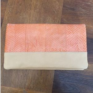 Ann Taylor soft leather fold over clutch with organizer- orange and tan